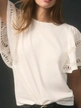 Self Contrast Flutter-Sleeve Cutwork Top Size M White